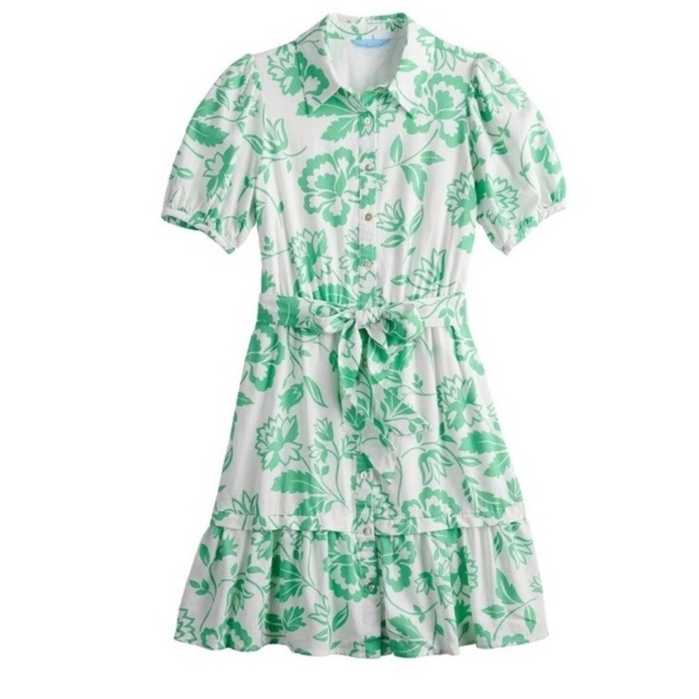 Draper James Green Floral Puff Sleeve Dress Women Lined Rayon Linen Blend Small